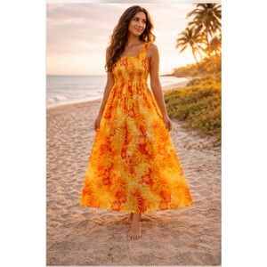 Hibiscus Collection Hawaii Maxi‎ Dress Floral Smocked Tropical Boho One Size